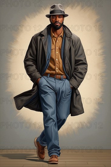 Digital artwork of a man in casual-cool attire striking a dynamic walking pose AI GENERATED, AI generated