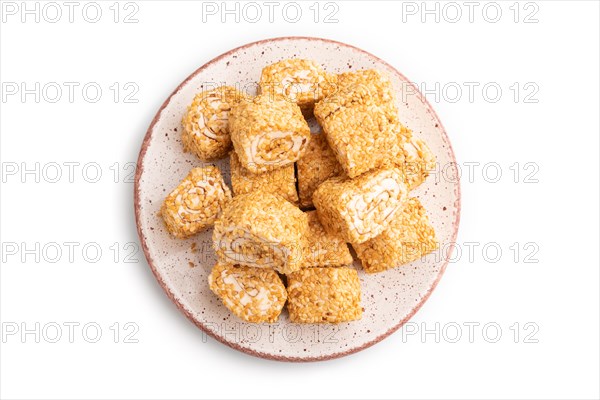 Traditional turkish delight (rahat lokum) isolated on white background. top view, flat lay, close up
