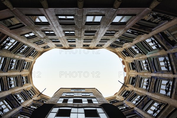 Museum, cultural centre, Casa Mila, Casa Mila, facade in the inner courtyard, view upwards, Barcelona, Spain, Europe