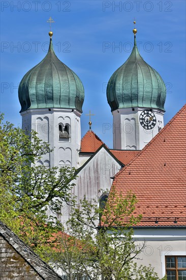 Onion domes of the monastery church St.Lambert in Seeon monastery, former Benedictine monastery, educational centre district of Upper Bavaria, blue sky in May, Seeon, Upper Bavaria, Bavaria, Germany, Europe