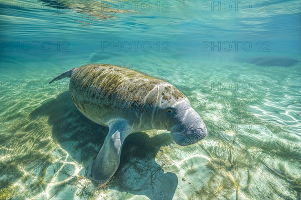A manatee (Trichechus manatus) swims relaxed in the clear blue water, surrounded by sunlight and soft reflections, AI generated, AI generated