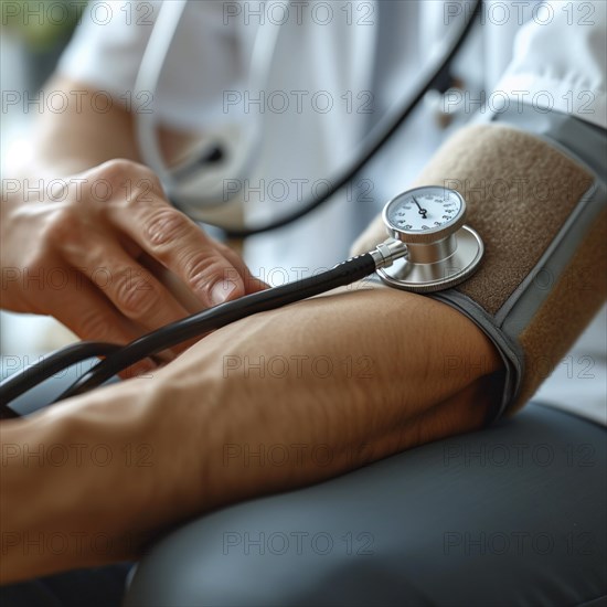 A man checks his blood pressure with a measuring device. Avoidance of bulk hypertension, scarcity, precaution, AI generated