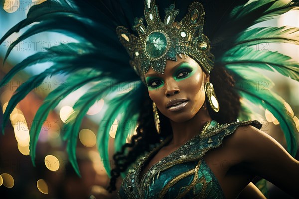 Captivating image capturing the essence of the Rio Carnival, showcasing a dancer adorned in an elaborate, vibrant costume, embodying the spirit and energy of this iconic festival, AI generated