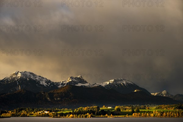 Lake Hopfensee with stormy sky in soft morning light and Allgaeu mountains in the background, Hopfen am See, Ostallgaeu, Swabia, Bavaria, Germany, Europe