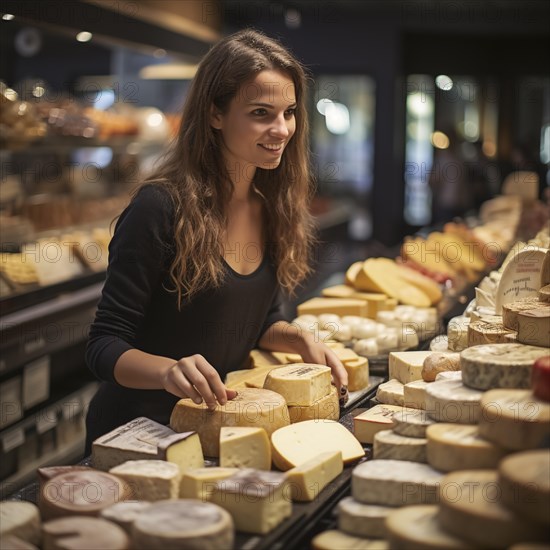 Young woman shopping in supermarket, at the cheese counter, meat counter, fruit stand, bakery, fish counter and shoe store, AI generated