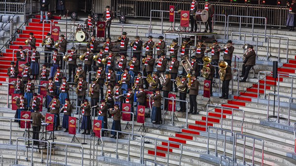 The Hoehenkirchen-Siegertsbrunn brass band plays at the memorial service, funeral service of FC Bayern Munich for Franz Beckenbauer, Allianz Arena, Froettmaning, Munich, Upper Bavaria, Bavaria