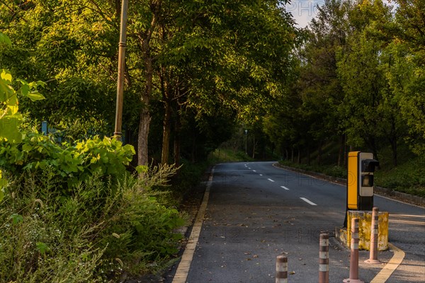 Traffic monitor device used to read license plates on two lane paved road in industrial park