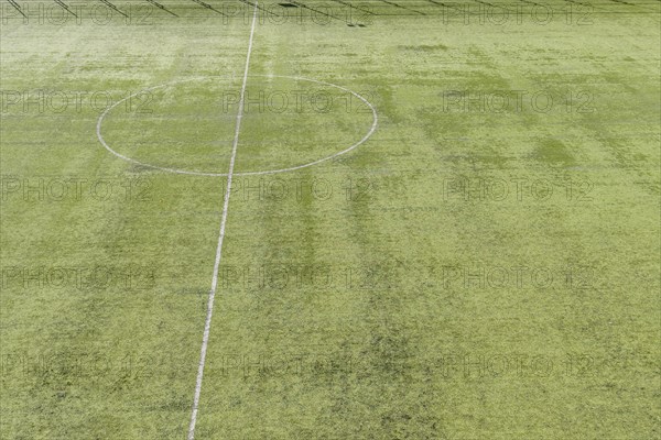 Mid-field line on green soccer field on sunny day in Istanbul, Tuerkiye