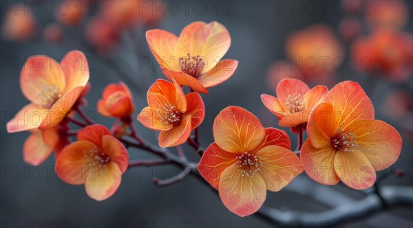 A branch of Vivid Berberis thunbergii orange-red flowers against a soft-focused background, AI generated