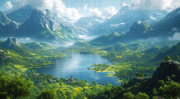 Mountainous backdrop with a lake featuring small islands, reflecting the idyllic green fields and sunlight, AI generated