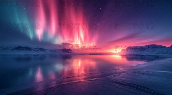 A tranquil arctic sunset with reflections on the ice, intensified by a striking aurora borealis display, AI generated