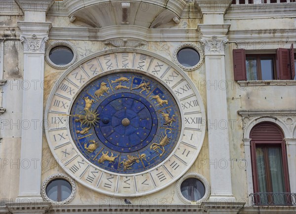 Astronomical clock of the St. Mark Clock Tower (Torre dell Orologio) in San Marco Square, famous tourist attraction in Venice, Italy, Europe