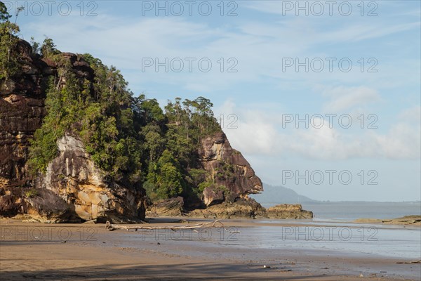 Cliff in Bako national park, sunny day, blue sky and sea. Vacation, travel, tropics concept, no people, Malaysia, Kuching, Asia