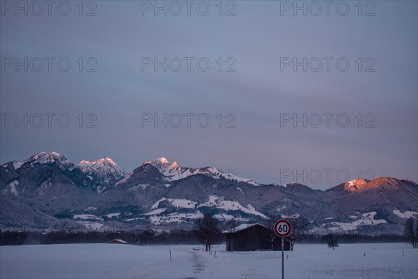 Snowy landscape at sunrise with mountain panorama, view of Wendelstein, Nussdorf, Bavaria, Germany, Europe