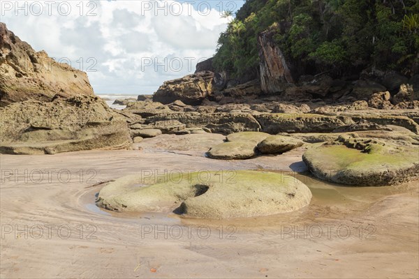 Cliff in Bako national park, sunny day, blue sky and sea. Vacation, travel, tropics concept, no people, Malaysia, Kuching, Asia