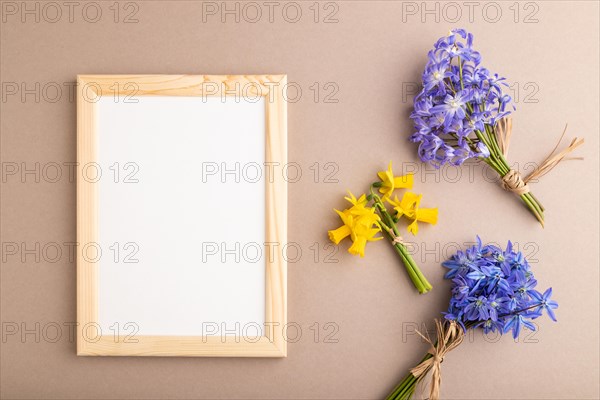 Wooden frame with spring snowdrop flowers bluebells, narcissus on beige pastel background. top view, flat lay, copy space, still life, mockup, template. Beauty, spring concept