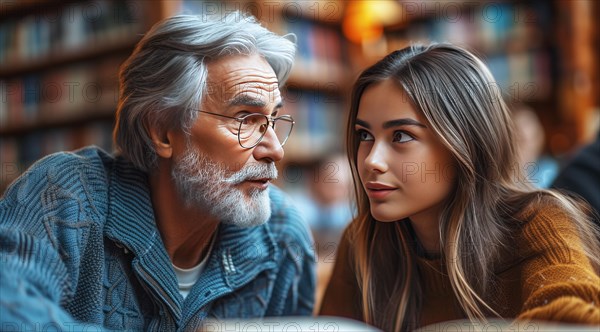 Old man and young woman in a deep discussion, surrounded by library books, AI generated