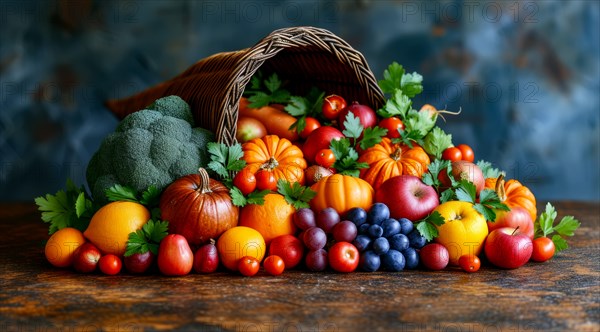 A basket brimming with colorful autumn vegetables and fruits against a wooden backdrop, AI generated