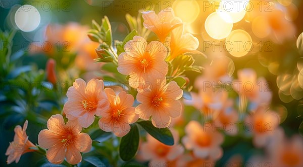 Warm sunlight illuminates delicate orange campsis summer jazz trumpet flowers with green foliage in a peaceful natural setting, AI generated