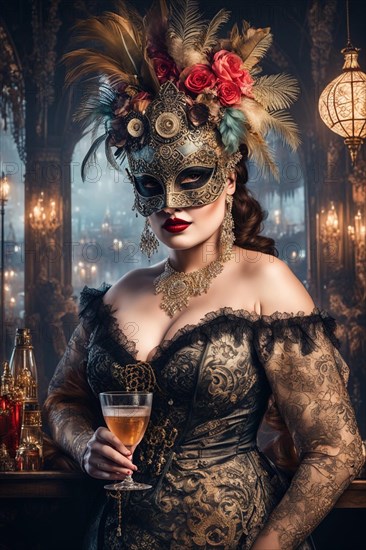 Portrait vibrant curvy woman wear carnival mask, antique lace costume in misty venetian cityscape after sunset in evening, ai generated, AI generated