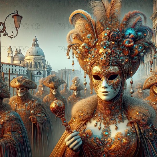 A regal-looking figure in a richly ornate mask and costume overlooking Venice at dusk ai generated, AI generated