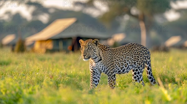 Leopard (Panthera pardus) in natural environment with tent camp for tourists in the background, AI generated