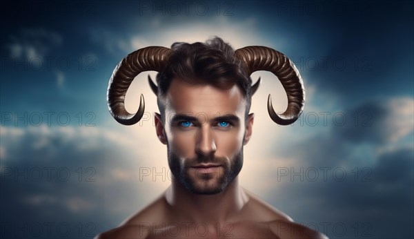 Young male Aries zodiac sign with Aries horns with dark hair and blue eyes against the background of the starry sky.AI generated