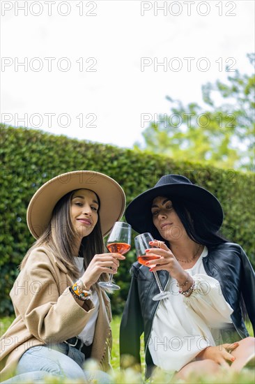 Vertical portrait of beautiful smiling women in hats toasting and drinking wine in park