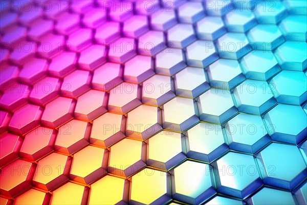 Gradient honeycomb pattern illuminated with vibrant colors. Ideal for backgrounds, wallpapers, and abstract designs, AI generated