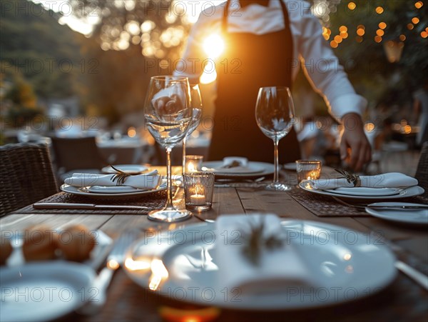 A dedicated waiter decorates the tables in a restaurant, AI generates, AI generated