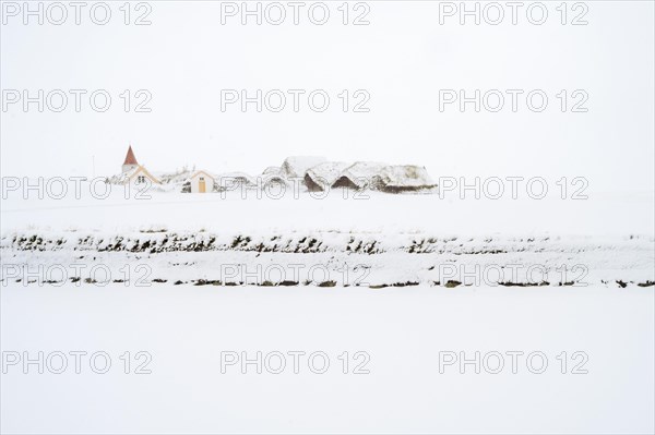Grass sod houses, peat farm or peat museum Glaumbaer or Glaumbaer in winter, Skagafjoerour, Norourland vestra, Iceland, Europe