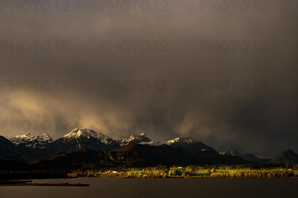 Lake Hopfensee with stormy sky in soft morning light and Allgaeu mountains in the background, Hopfen am See, Ostallgaeu, Swabia, Bavaria, Germany, Europe