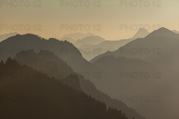 Mountain peak silhouette in the morning light, haze, backlight, Ammergau Alps, Upper Bavaria, Bavaria, Germany, Europe