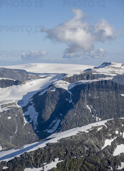 Mountain peak with Jostedalsbreen glacier, view from the summit of Skala, Loen, Norway, Europe