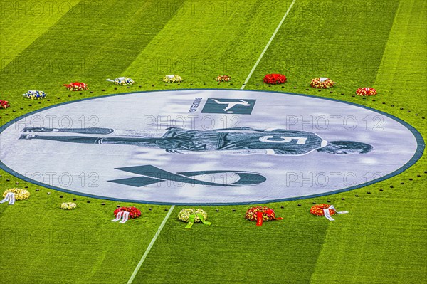 Banner with Franz Beckenbauer and wreaths of flowers, funeral service of FC Bayern Munich for Franz Beckenbauer, Allianz Arena, Froettmaning, Munich, Upper Bavaria, Bavaria