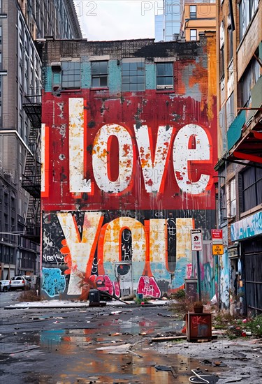 On a wall in a canyon of houses is written in painted, bright colours and large letters, I Love You, AI generated, AI generated, graffiti