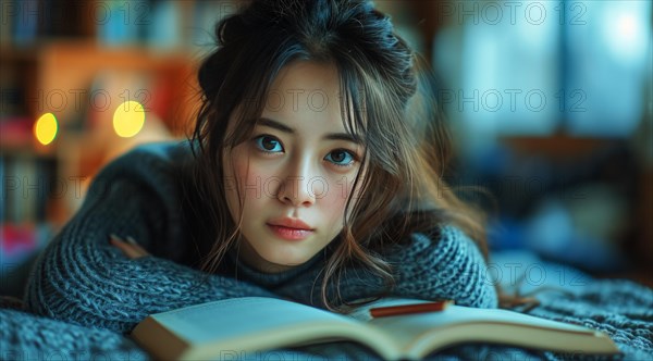 A young student in a warm sweater appears contemplative with an open book in front of her in a cozy, softly lit setting, AI generated