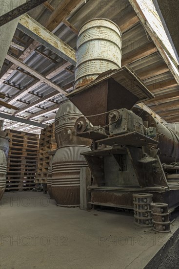 Material storage in a metal powder mill, founded around 1900, Igensdorf, Upper Franconia, Bavaria, Germany, Europe