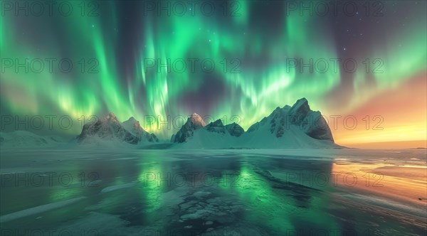 Dramatic green and yellow aurora borealis arching over snowy mountains with icy reflections, AI generated