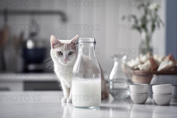Cat with bottle of milk. KI generiert, generiert AI generated