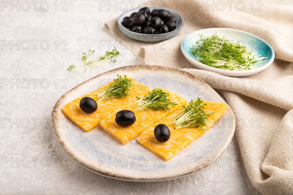 Marble cheese with olives and watercress microgreen on gray concrete background and linen textile. side view, close up