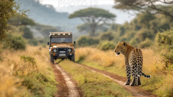 Leopard (Panthera pardus) in natural environment with Jeep, Landrover, AI generated