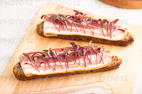 Bread sandwiches with jerky salted meat and lard with beet microgreen on gray concrete background. side view, close up, selective focus