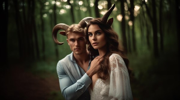 Young Aries man according to the zodiac sign with Aries horns is in love with a beautiful Taurus woman with Taurus horns, love story in the forest .AI generated
