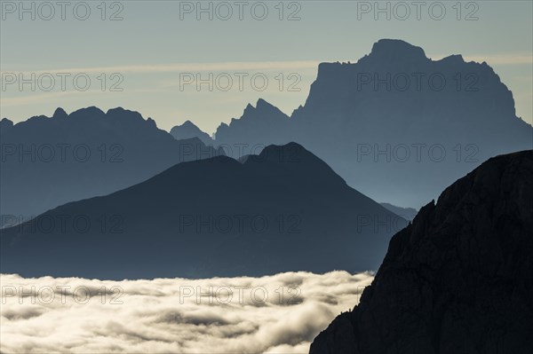 Sea of fog with rocky peaks of the Dolomites, Corvara, Dolomites, Italy, Europe