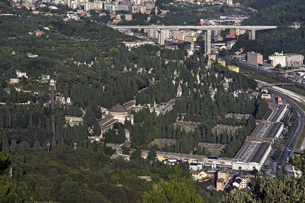 View from Granarolo to the Staglieno Monumental Cemetery, Italian Cimitero monumentale di Staglieno, behind the New Morandi Bridge, Genoa, Italy, Europe