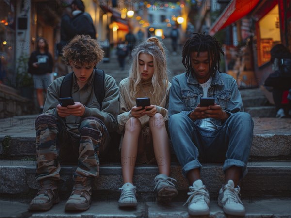 Several young people look bored at their cell phones, neglect social contacts, sport, reading, AI generated