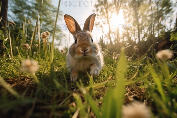 Bunny with large, attentive ears, basking in the golden hour sunlight amidst a lush green field, AI generated
