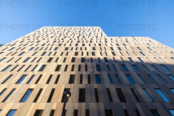 Low angle view of modern office buildings in the financial area of Poblenou in the city of Barcelona in Catalonia in Spain