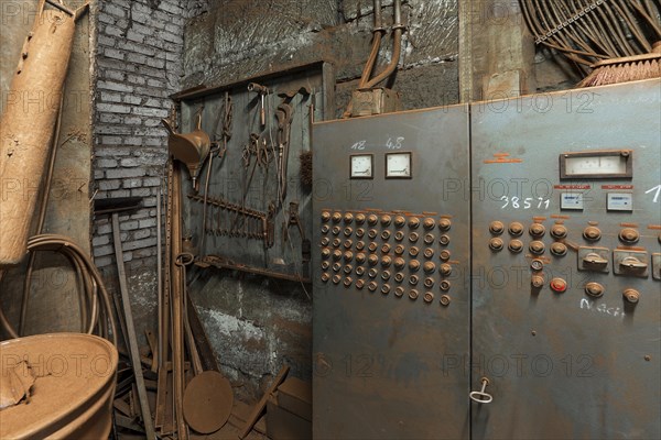 Switch cabinet and tool board in the bronze powder production room in a metal powder mill, founded around 1900, Igensdorf, Upper Franconia, Bavaria, Germany, metal, factory, Europe